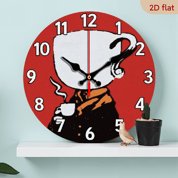A 10-inch 2D flat "Teapot Man" themed wooden circular wall clock, suitable for decoration in bedrooms, living rooms, and offices. It is an ideal gift for Christmas and New Year.