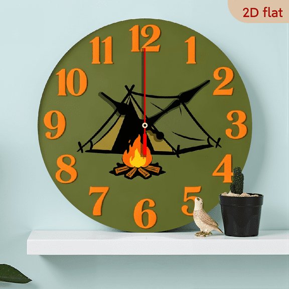 10-inch 2D flat "Tent and Campfire" theme, wooden circular silent wall clock, suitable for modern home art decoration, wall decoration, it is an ideal gift for festivals and birthdays
