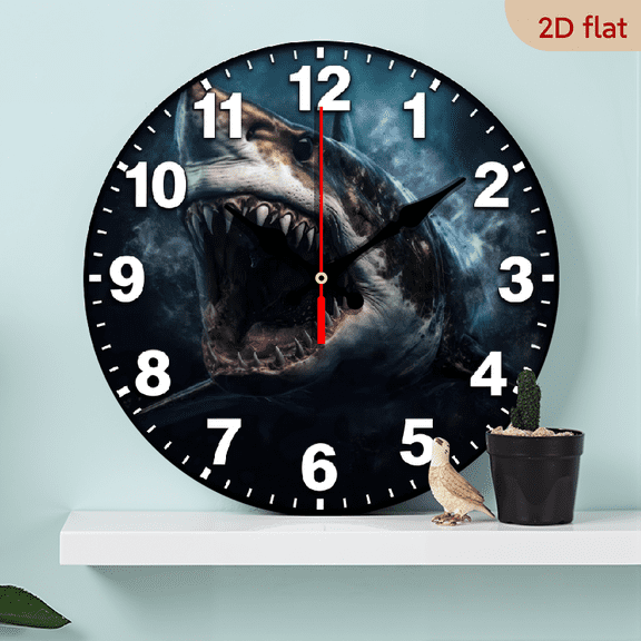 A 10-inch 2D flat "Terrifying Sharks" themed wooden circular wall clock, suitable for decoration in bedrooms, living rooms and offices. It is an ideal gift for Christmas and New Year.