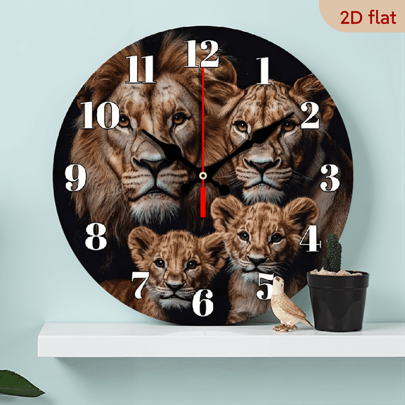 A 10-inch 2D flat "The Lion Family" themed wooden circular wall clock, suitable for decoration in bedrooms, living rooms and offices. It is an ideal gift for Christmas and New Year.