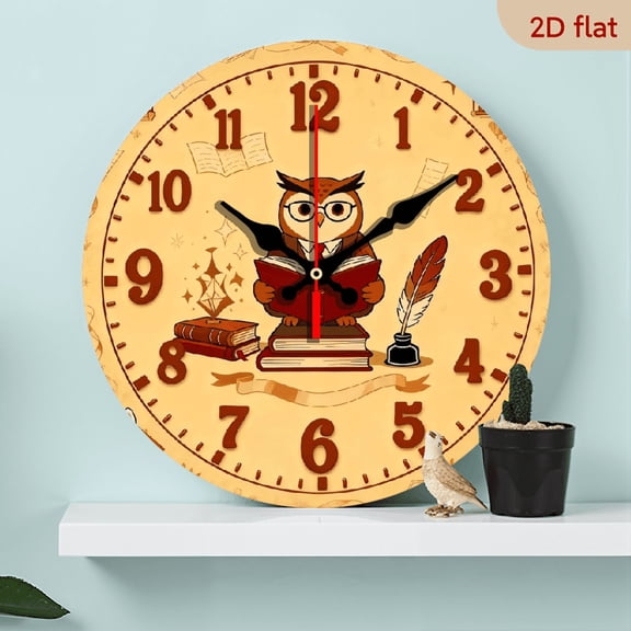 10-inch 2D flat "The Owl Reading Book" theme, wooden circular silent wall clock, suitable for modern home art decoration, wall decoration, it is an ideal holiday gift and birthday gift