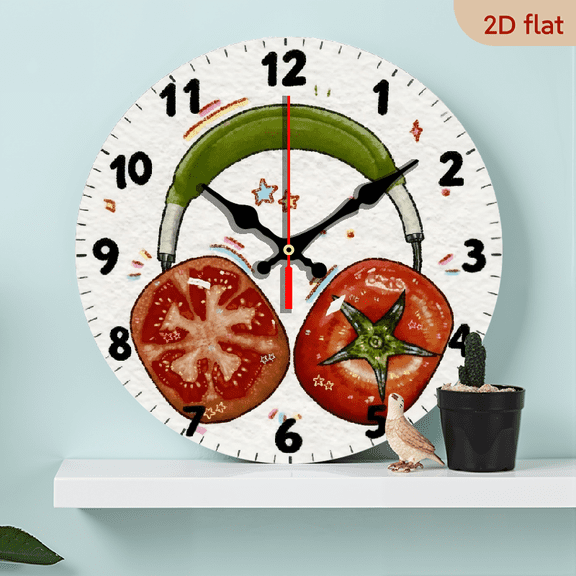 10-inch 2D flat "Tomato Headphones" theme, wooden circular silent clock, suitable for modern home art decoration, wall decoration, it is an ideal gift for festivals and birthdays