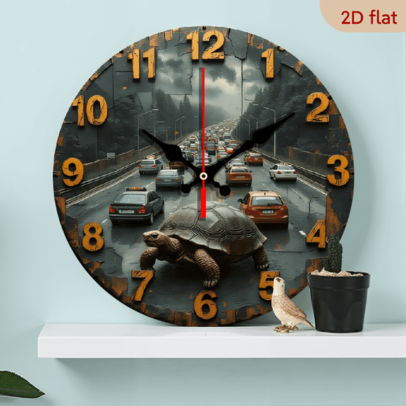 A 10-inch 2D flat "Turtle on the Road" themed wooden silent wall clock is an excellent choice for Halloween/Easter/Christmas gifts and is suitable for modern home decoration art.