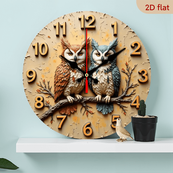 10-inch 2D flat "Two Owl" theme wooden silent wall clock. Ideal gift for Halloween/Easter/Christmas. Suitable for modern home decoration and art style.