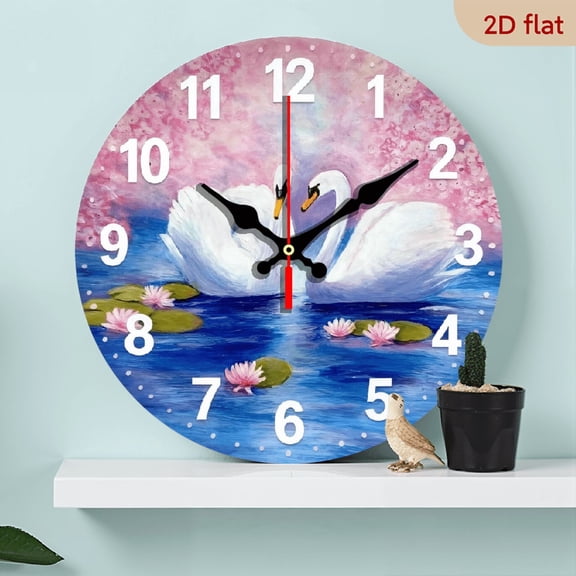 A 10-inch 2D flat "Two White Swans" themed wooden silent wall clock is an excellent choice for Halloween/Easter/Christmas gifts and is suitable for modern home decoration art.