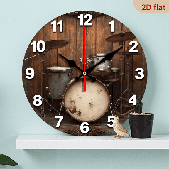A 10-inch 2D flat "Vintage Drums" themed wooden silent wall clock. It is an excellent choice for Halloween/Easter/Christmas gifts and is suitable for modern home decoration art.
