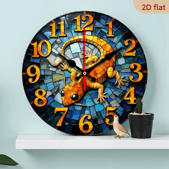 10-inch 2D flat "Vintage Lizard" theme wooden circular silent wall clock, suitable for modern home art decoration, wall decoration, it is an ideal gift for festivals and birthdays
