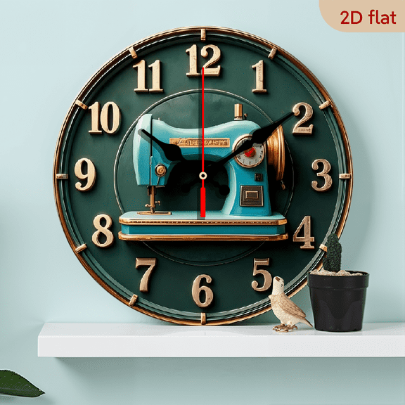 A 10-inch 2D flat "Vintage Sewing Machine" themed wooden silent wall clock. It is an excellent choice for Halloween/Easter/Christmas gifts and is suitable for modern home decoration art.