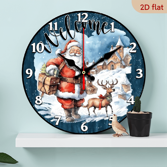 10-inch 2D flat "Walking Santa" theme wooden circular silent wall clock, suitable for modern home art decoration, wall decoration, it is an ideal holiday gift and birthday gift
