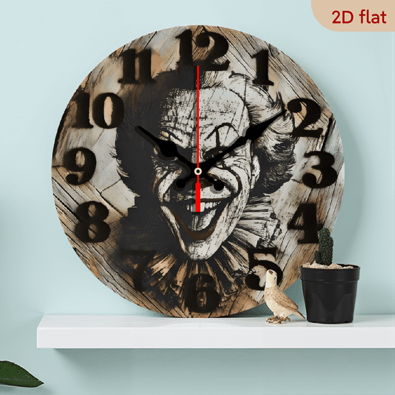The 10-inch 2D flat "Terrifying smiling face" silent wooden wall clock is an ideal gift for Halloween, Easter and Christmas
