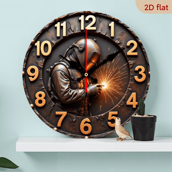 A 10-inch 2D flat "Welder" theme wooden silent wall clock. It is an excellent choice for Halloween/Easter/Christmas gifts and is suitable for modern home decoration art.