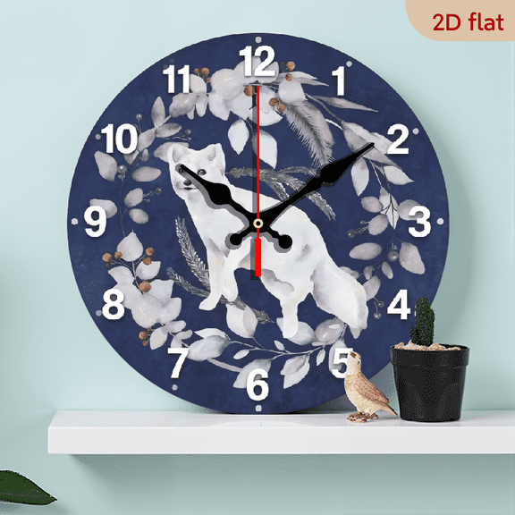 10-inch 2D flat "White Fox" theme wooden circular silent wall clock, suitable for modern home art decoration, wall decoration, it is an ideal gift for festivals and birthdays