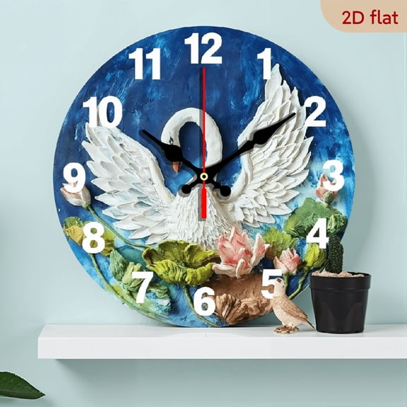 A 10-inch 2D flat "White Swan" theme wooden silent wall clock is an excellent choice for Halloween/Easter/Christmas gifts and is suitable for modern home decoration art.