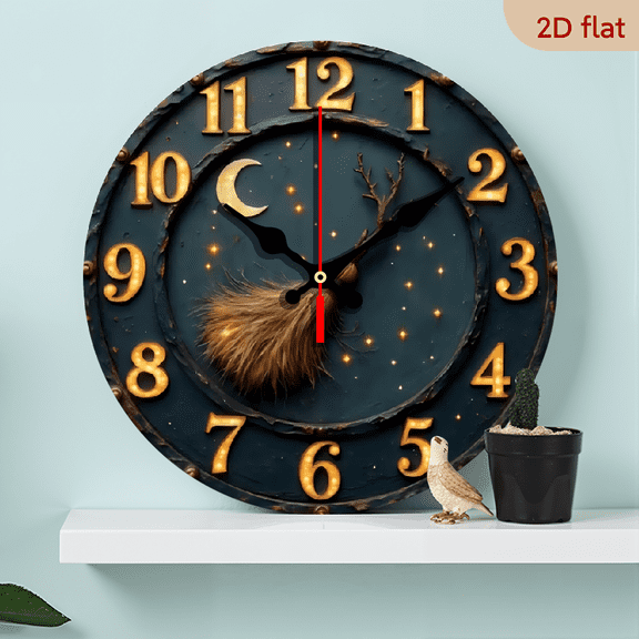 A 10-inch 2D flat "Wizard's Wand" themed wooden silent wall clock is an excellent choice for decorating the interior walls and an ideal gift for various festivals.