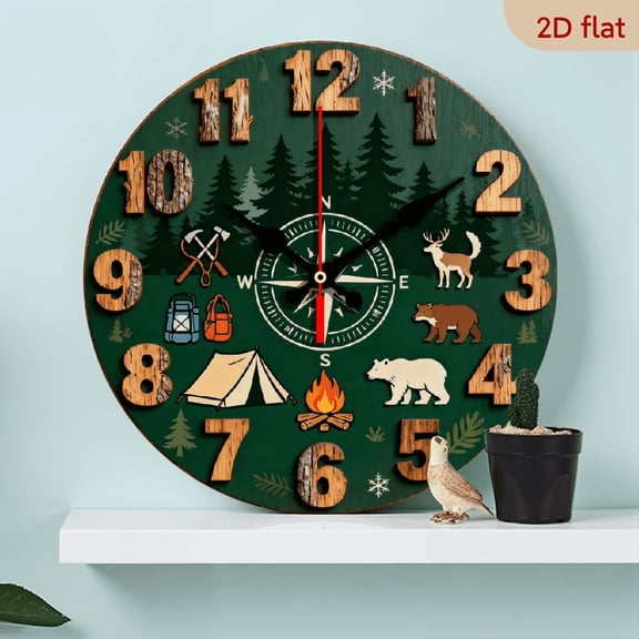 A 10-inch 2D flat "camping" theme wooden circular wall clock. Suitable for decoration in bedrooms, living rooms and offices. It is an ideal gift for Christmas and New Year.
