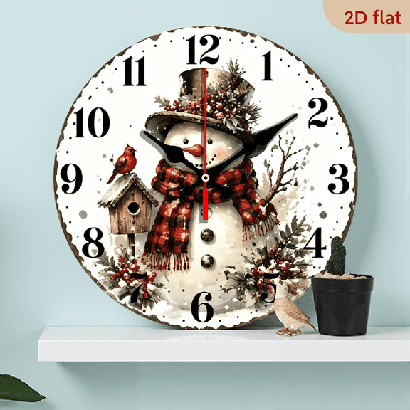 A 10-inch 2D flat creative silent wooden wall clock with a snowman pattern and a scarf, suitable for multi-space decoration, Halloween decoration, and a perfect gift