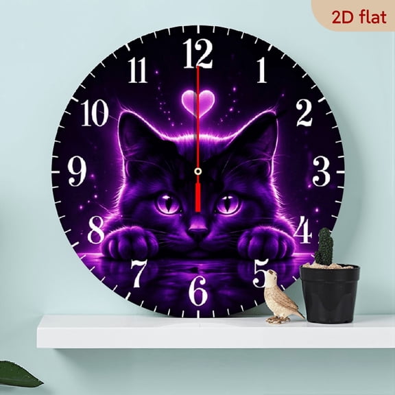 10-inch 2D flat design, creative silent wooden wall clock with "Neon Black Cat" pattern, multi-space decoration, Halloween decoration, perfect gift