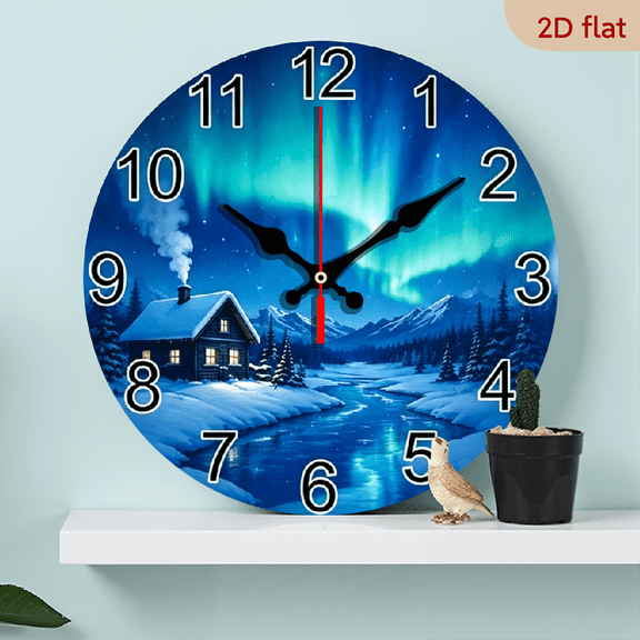 10-inch 2D flat design, creative silent wooden wall clock with snow house aurora pattern, multi-space decoration, Halloween decoration, perfect gift