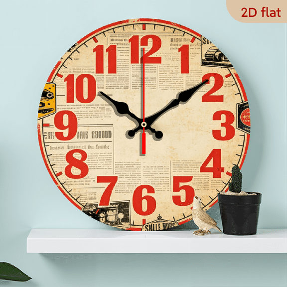 A 10-inch 2D flat "retro newspaper" themed wooden circular wall clock, suitable for decoration in bedrooms, living rooms, and offices. It is an ideal gift for Christmas and New Year.