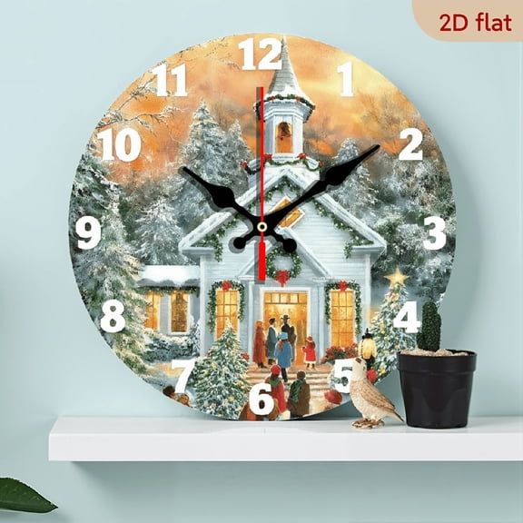 A 10-inch 2D flat wooden circular clock with a "Christmas Church" theme. It is suitable for decoration in bedrooms, living rooms, and offices. It is an ideal gift for Christmas and New Year.