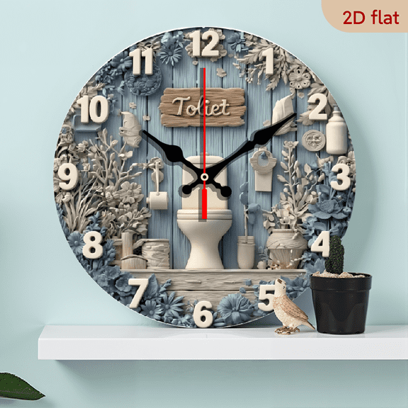 A 10-inch 2D flat wooden circular clock with a "Clean Toilet" theme. It is suitable for decoration in bedrooms, living rooms and offices. It is an ideal gift for Christmas and New Year.