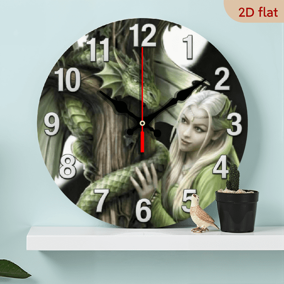 A 10-inch 2D flat wooden circular clock with a "Green Dragon and Princess" theme. It is suitable for decoration in bedrooms, living rooms, and offices. It is an ideal gift for Christmas and New Year.