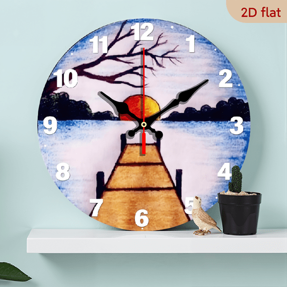 A 10-inch 2D flat wooden circular clock with a "Sunset Harbor" theme. It is suitable for decoration in bedrooms, living rooms, and offices. It is an ideal gift for Christmas and New Year.