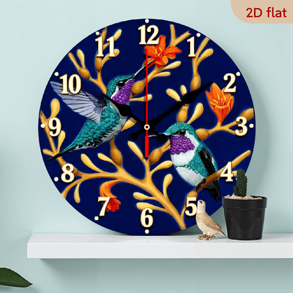 A 10-inch 2D flat wooden circular clock with a "Two Attractive Hummingbirds" theme, suitable for decoration in bedrooms, living rooms, and offices. It is an ideal gift for Christmas and New Year.
