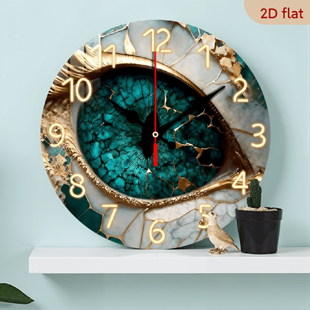 A 10-inch 2D flat wooden circular clock with a "green eye and golden line" theme. It is suitable for decoration in bedrooms, living rooms, and offices. It is an ideal gift for Christmas and New Year.
