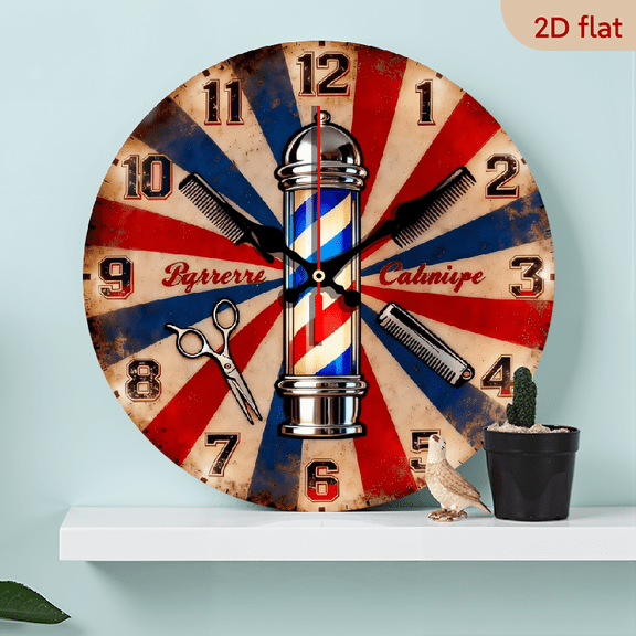 A 10-inch 2D flat wooden circular clock with a "retro barbershop" theme. It is suitable for decoration in bedrooms, living rooms, and offices. It is an ideal gift for Christmas and New Year.