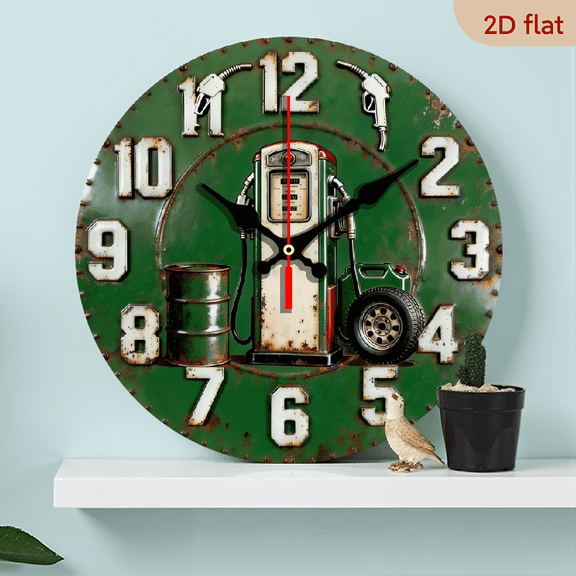 A 10-inch 2D flat wooden circular clock with a "retro green gas station" theme. It is suitable for decoration in bedrooms, living rooms, and offices. It is an ideal gift for Christmas and New Year.