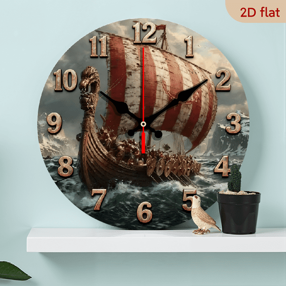 A 10-inch 2D flat wooden circular clock with a "retro sailing ship" theme. It is suitable for decoration in bedrooms, living rooms, and offices. It is an ideal gift for Christmas and New Year.