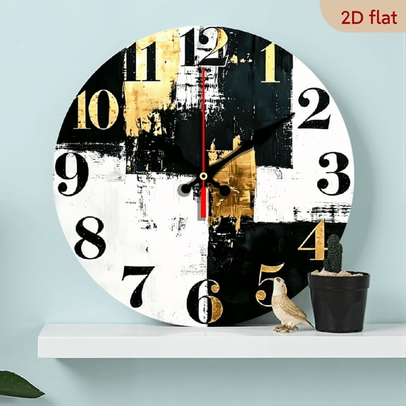 A 10-inch 2D flat wooden round wall clock, themed "Abstract Black and Gold Brush Strokes". Suitable for bedroom, living room, office decoration. Perfect as a Mother's Day or holiday gift.