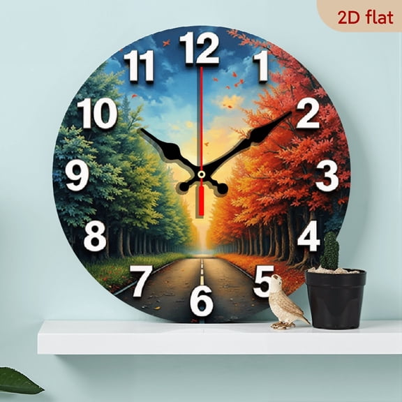 A 10-inch 2D flat wooden round wall clock, themed "Autumn Forest Path". Suitable for bedroom, living room, office decoration. Perfect as a Mother's Day and holiday gift.
