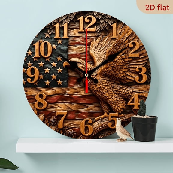 A 10-inch 2D flat wooden round wall clock, themed "Bald Eagle American". Ideal for bedroom, living room, office adornment. Excellent Mother's Day present.