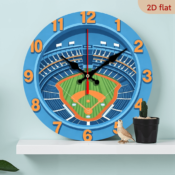 A 10-inch 2D flat wooden round wall clock, themed "Baseball Stadium". Suitable for bedroom, living room, office decoration. A perfect gift for Father's Day and other holidays.