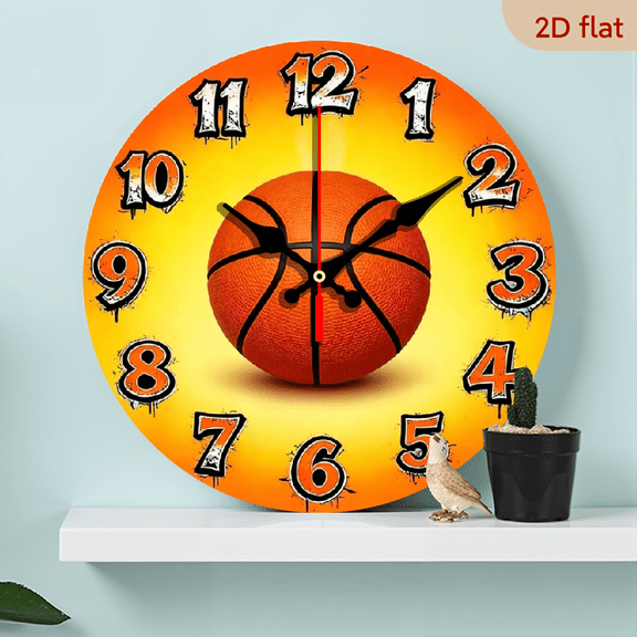 A 10-inch 2D flat wooden round wall clock, themed "Basketball Sports". Suitable for bedroom, living room, office decoration. A perfect gift for Father's Day and other holidays.