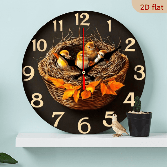 A 10-inch 2D flat wooden round wall clock, themed Bird Nest with Chicks. Suitable for bedroom, living room, office. Perfect Mother's Day or holiday present.