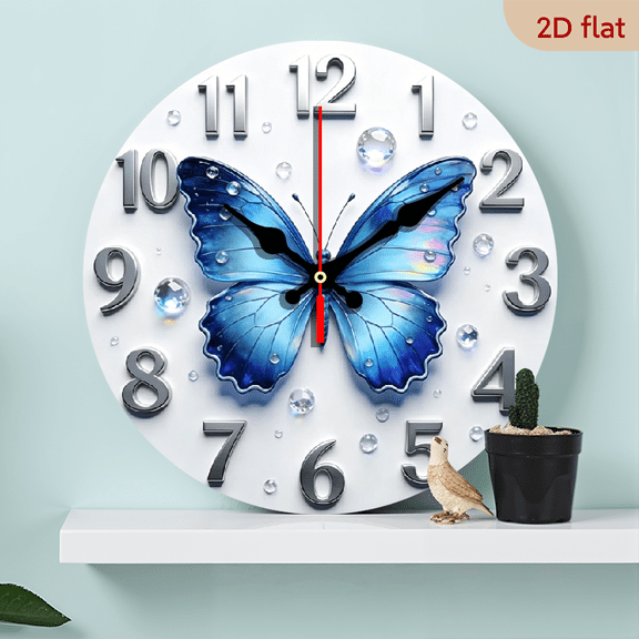 A 10-inch 2D flat wooden round wall clock, themed "Blue butterfly crystal". Suitable for bedroom, living room, office decoration. Can be a gift for various festivals.