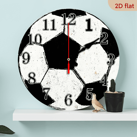 A 10-inch 2D flat wooden round wall clock, themed "Classic Soccer Ball". Perfect for bedroom, living room, office decor. Ideal as a Father's Day gift.