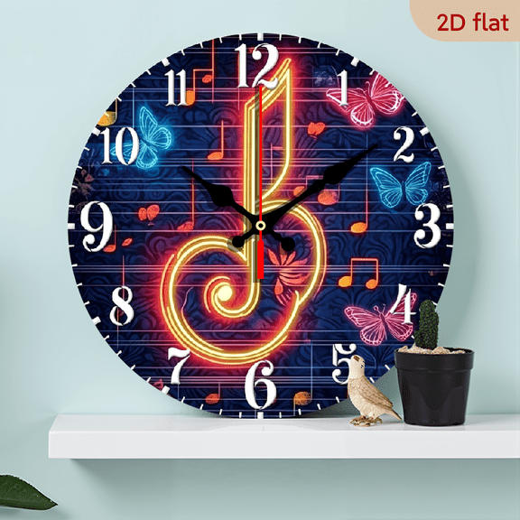 A 10-inch 2D flat wooden round wall clock, themed "Colorful Neon Musical Note". Suitable for bedroom, living room, office decoration. Perfect as a gift for various festivals.