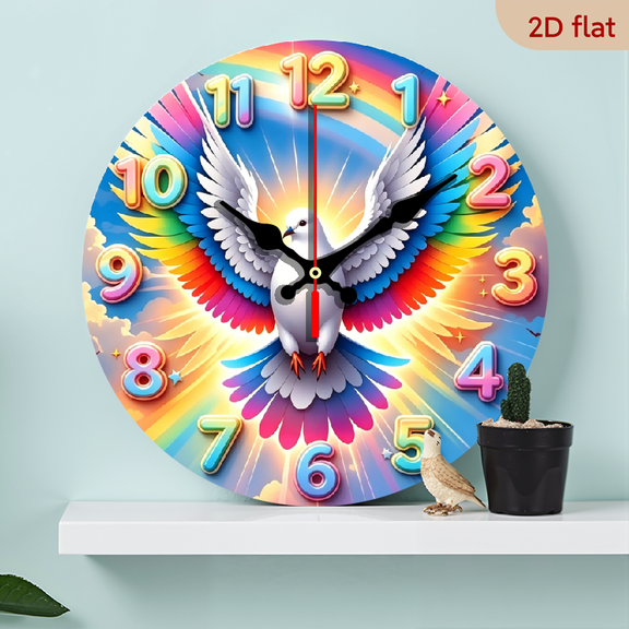 A 10-inch 2D flat wooden round wall clock, themed "Colorful Rainbow Dove". Suitable for bedroom, living room, office decoration. A perfect gift for Father's Day and other holidays.