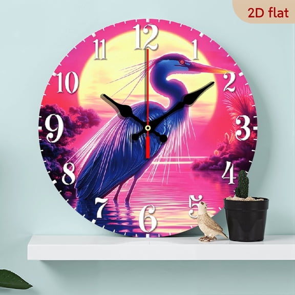 A 10-inch 2D flat wooden round wall clock, themed "Colorful Sunset Heron Bird". Suitable for bedroom, living room, office decoration. Perfect as a Mother's Day or holiday gift.