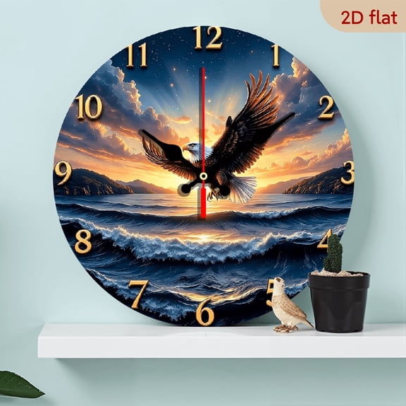 A 10-inch 2D flat wooden round wall clock, themed "Flying Eagle". Suitable for bedroom, living room, office decoration. Perfect as a Mother's Day and holiday gift.
