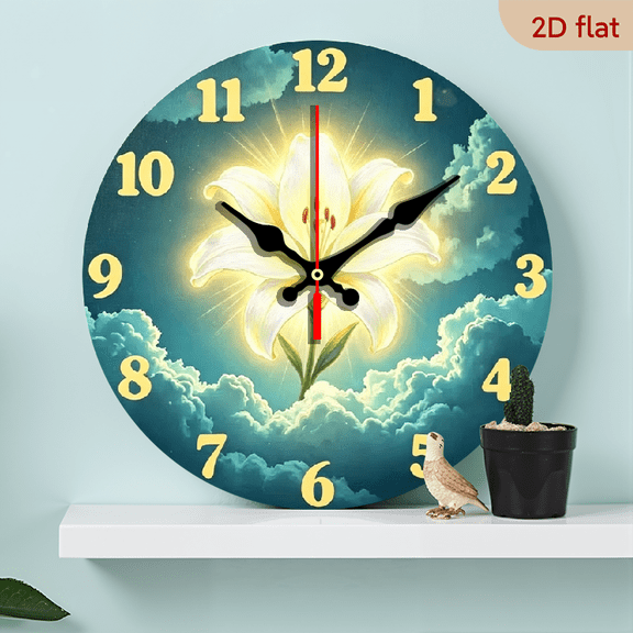 A 10-inch 2D flat wooden round wall clock, themed "Glowing Lily". Suitable for bedroom, living room, office decoration. A perfect gift for Father's Day and other holidays.