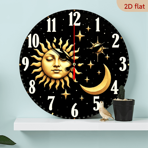 A 10-inch 2D flat wooden round wall clock, themed "Golden Sun and Crescent Moon". Suitable for bedroom, living room, office decoration. Perfect as a Mother's Day gift.
