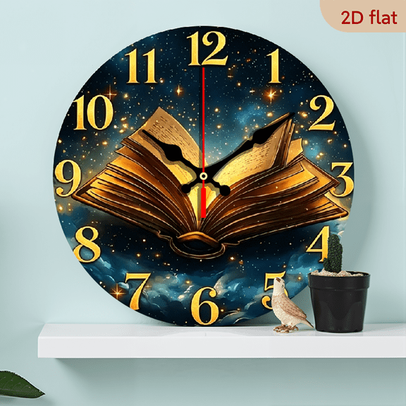 A 10-inch 2D flat wooden round wall clock, themed "Magic Open Book". Perfect for bedroom, living room, office decoration. Ideal Mother's Day and holiday gift.