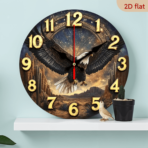 A 10-inch 2D flat wooden round wall clock, themed "Majestic Eagle". Suitable for bedroom, living room, office decoration. Perfect as a Father's Day or holiday gift.