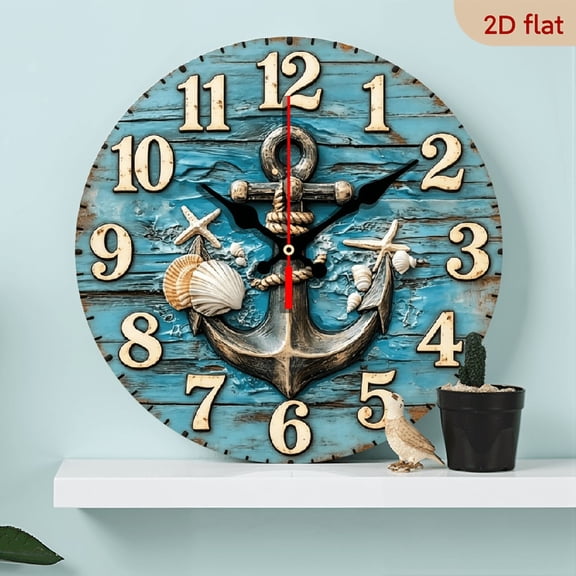 A 10-inch 2D flat wooden round wall clock, themed "Nautical Anchor". Suitable for bedroom, living room, office decoration. Ideal for Mother's Day gifting.