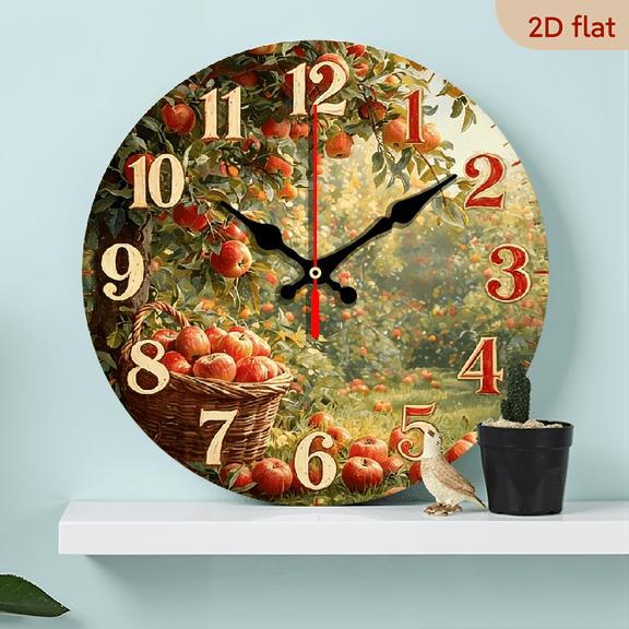 A 10-inch 2D flat wooden round wall clock, themed "Ripe apple basket". Suitable for bedroom, living room, office decoration. Can be a gift for various festivals.